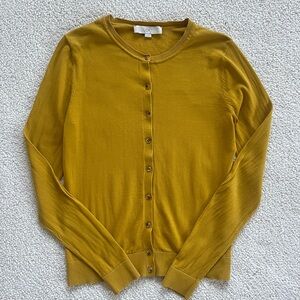 LOFT Women's preppy Fall Cardigan Sweater Mustard Yellow 100% COTTON M
